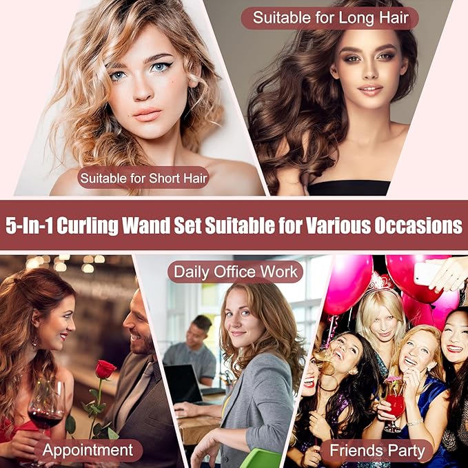 5 in 1 Curling Wand Set - SIQUER Curling Iron Set 1/2 to 1 1/4 Inch Beach Waves Wands 1 1/2 Inch Thermal Brush Fast Heating Up Hair Curlers for Women with Protective Gloves Clamps (Rose, Black)