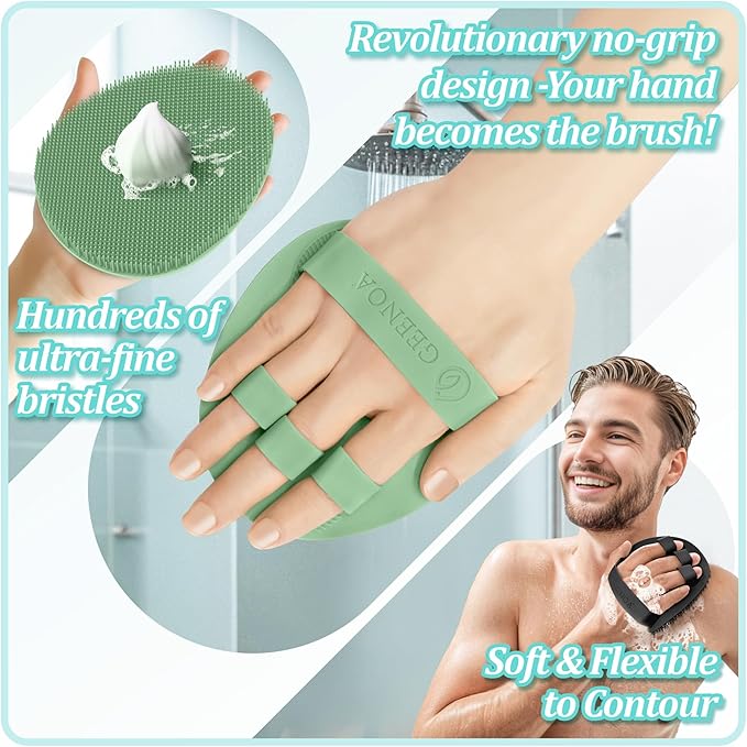 Silicone Back/Body/Face Scrubber & Soft Bath Glove Set 4PCS, Gentle Exfoliating Back & Body Scrubber with Dual-Side Brush Head, Hand-fit Bath Glove & Face Scrubber for Deep Cleaning(Green-4PC)