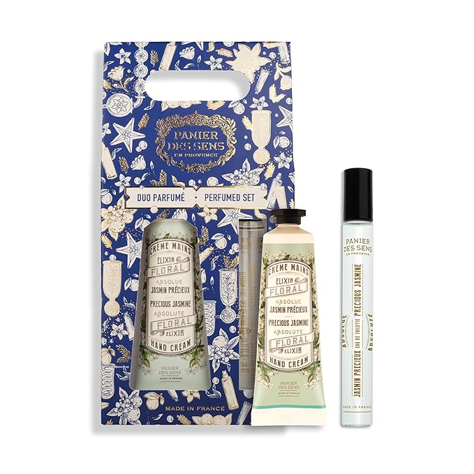 Panier des Sens - Jasmine Gift Duo - Hydrating Hand Cream with 96% Natural Ingredients & Roll-On Eau de Toilette - Made in France, Vegan, Perfect Holiday Gift - Travel Size 1.7 Fl Oz + 0.3 Fl Oz