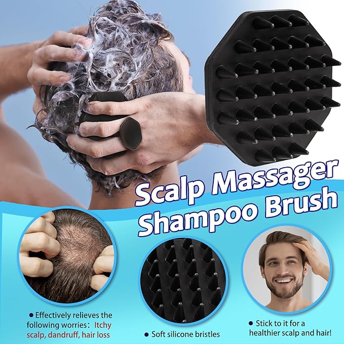 3 Soft Silicone Scrubbers - Body Exfoliating Brush Skin Massage Shower Scrubber Body Buffer, with Super Soft Handheld Facial Cleansing Brush, with Hair Shampoo Brush Scalp Massager (Black)