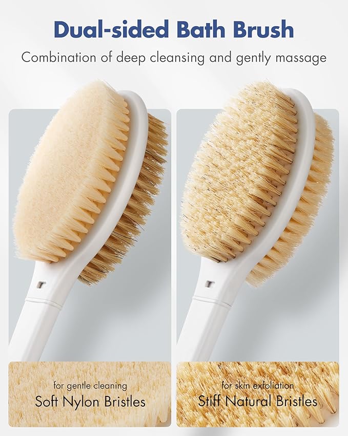 Back Scrubber Body Shower Brush: Anti Slip Long Handle Bath Brush with Stiff and Soft Bristles - Showering Exfoliator Wet or Dry Brushing for Women, Men, Elderly (Grey)