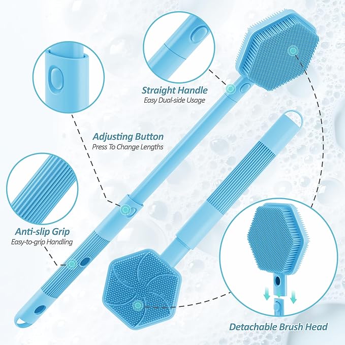 Silicone Back Scrubber & Soft Bath Glove 2PCS, 16''- 21''Extendable Back Scrubber with Dual-Side Large Head, 360° Anti-Slip Hand-fit Silicone Body Scrubber for Rich Foaming Deep Cleaning(Blue)