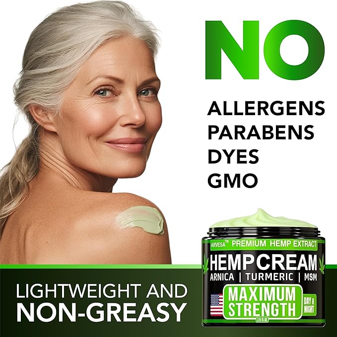 Hemp Cream - Maximum Strength - Natural Hemp Oil Extract Gel Rub with MSM - Glucosamine - Arnica - Turmeric - Maximum Strength - Formulated in USA - 3.9 oz