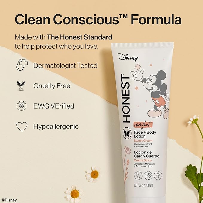 The Honest Company Moisturizing Face and Body Lotion Fast Absorbing Dermatologist Tested Hypoallergenic Disney’s Mickey Mouse Comfort Sweet Cream 8.5 fl oz