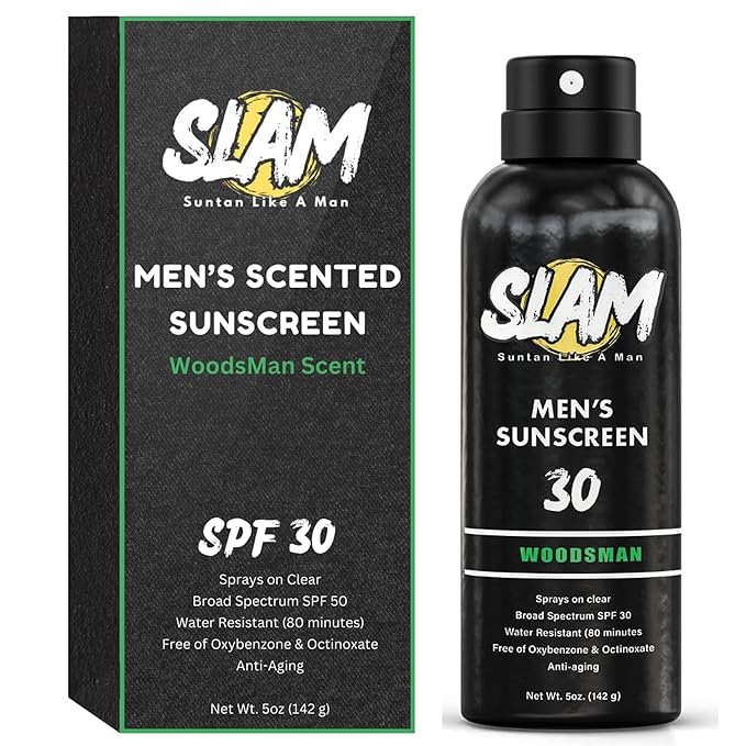 SLAM WoodsMan Men's Scented Sunscreen Spray SPF 30 – Broad Spectrum Sun Screen Spray for Face & Body, Water Resistant & Sweat Resistant Sunscreen, UVA/UVB Protection, Sunblock for Men