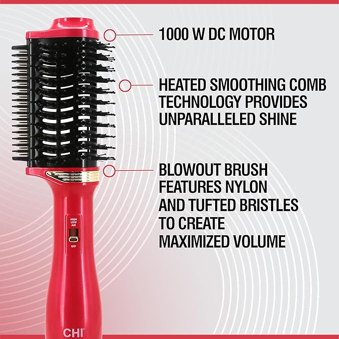 CHI Volume Styler, Blowout Brush for Amplified Volume, Heated Comb to Smoothen & Straighten Hair, 2-in-1 Hair Tool, Pink
