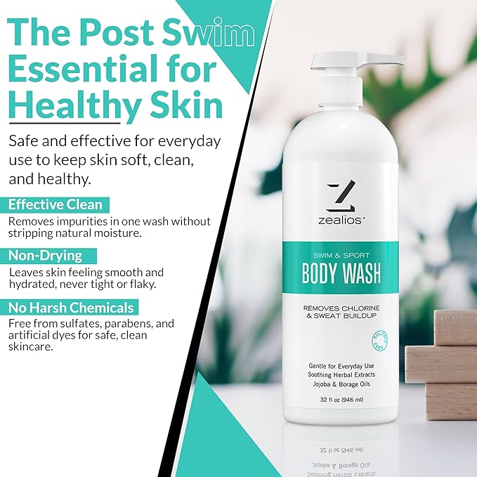 Zealios Swim & Sport Body Wash for Swimmers & Athletes 32oz Skin Care Solution for Men & Women, Removes Chlorine, Sweat & Odor, Provides Cleansing and Hydration from Pool Chemicals, Light Citrus Scent
