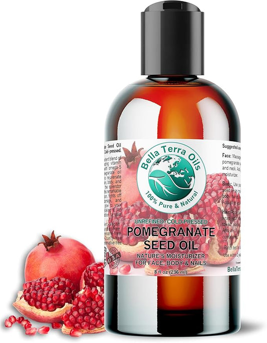 Bella Terra Oils - Organic Pomegranate Seed Oil 8 oz - Rich in Nutrients for Skin Hydration, Cold-Pressed from Organic Pomegranate Kernels