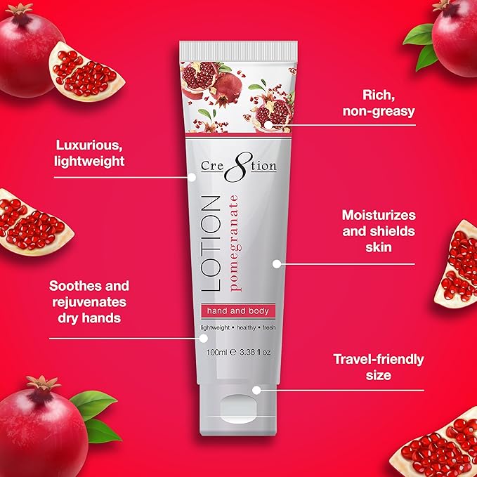 Cre8tion Spa Pomegranate Hand & Body Lotion, Luxurious Lightweight Moisturizer for Silky, Smooth Skin, 3.3 Fl Oz