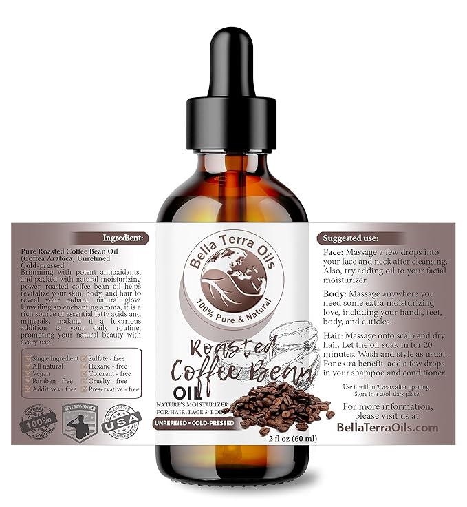 Bella Terra Oils - Roasted Coffee Bean Oil 2oz - The Ultimate Coffee Serum, Abundant in Palmitic Acid & Vitamin E, Dive into Coffee's Nourishing Embrace
