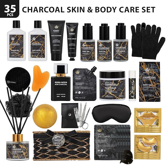 35 Pcs Christmas Gifts for Women & Men, Charcoal Bath & Body Gift Basket, Face Skin Care Kit, Self-Care Gift, Diffuser, Shower Gel, Massage Oil, Bath Bomb, Birthday, Valentines, Mother Day, Husband