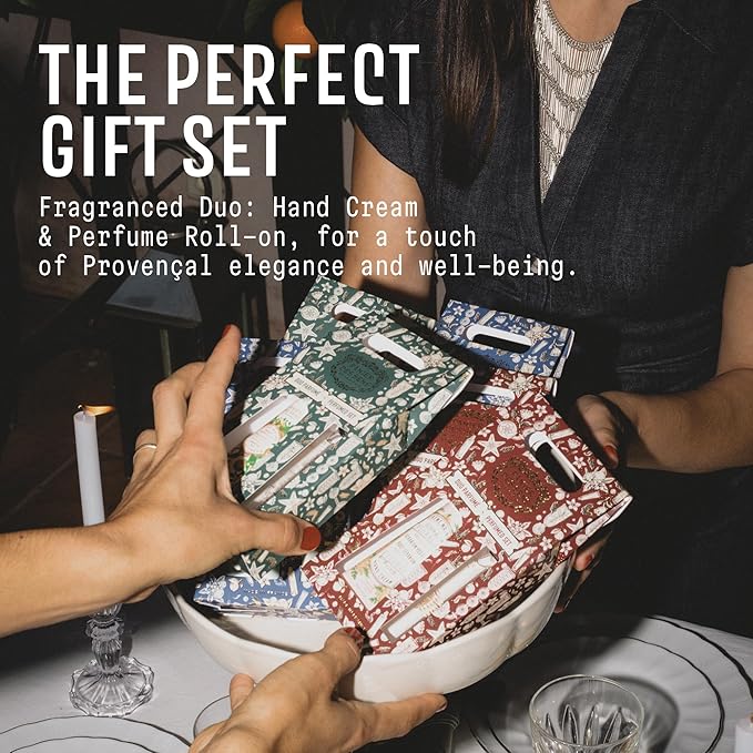 Panier des Sens - Geranium Rose Gift Duo Set - Hydrating Hand Cream 96% Natural Ingredients & Roll‑On Eau de Toilette - Vegan & Made in France - Holiday Edition - Travel Size 1.7 Fl Oz + 0.3 Fl Oz