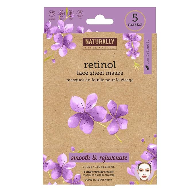 Naturally - Rejuvenating Retinol Infused Sheet Mask – Anti Aging, K-beauty Inspired, Reduce the appearance of fine lines and wrinkles, 5 Sheet Masks Included