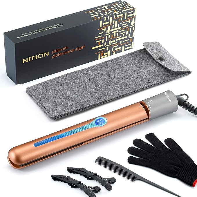 NITION Ceramic Tourmaline Hair Straighteners LCD Flat Iron MCH 10s Fast Heating Up. 1" Smooth 3D Floating Plate Healthy Straightening Tools. Travel Pouch Bag. Dual Voltage. Luxury Gift Box