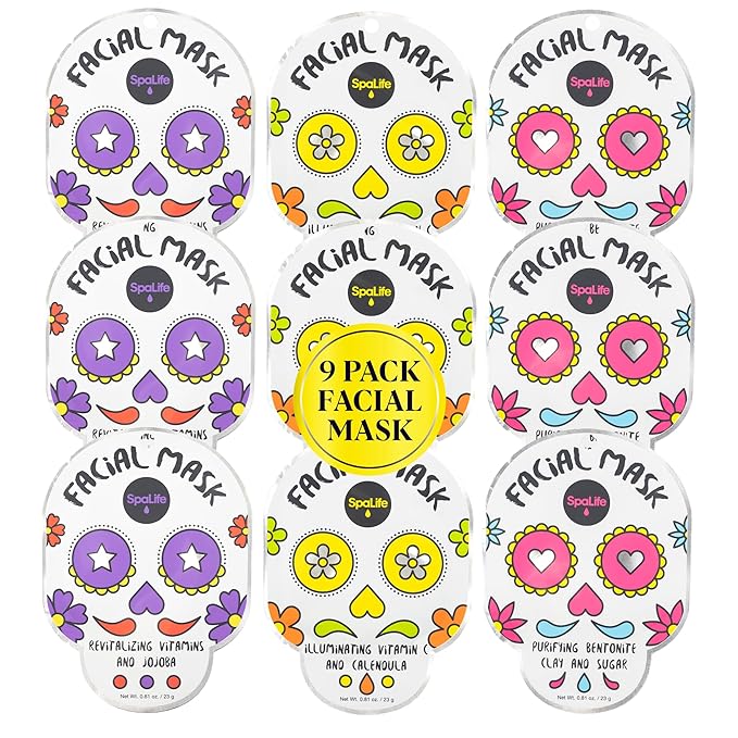 SpaLife Dia de Muertos Facial Mask Variety Pack - 9 Count for Hydrating and Refreshing Skin Care Korean Sheet Masks - Moisturizing Face Mask Sheets for Spa-Like Skin Rejuvenation