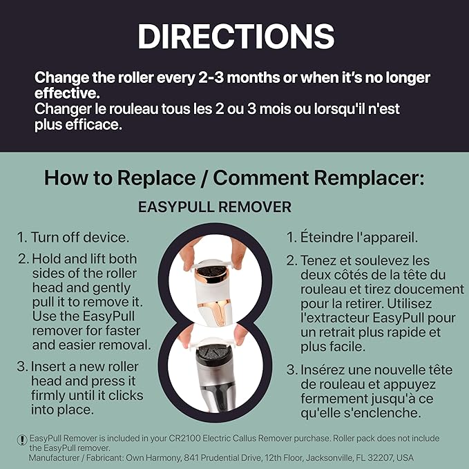 Own Harmony Refill Rollers: Best Fit for Electric Callus Remover Model CR2100 Pedicure Tools - Professional Foot Care for Smooth Feet - Refills 4 Pack Replacement Heads (2 Regular and 2 Extra Coarse)