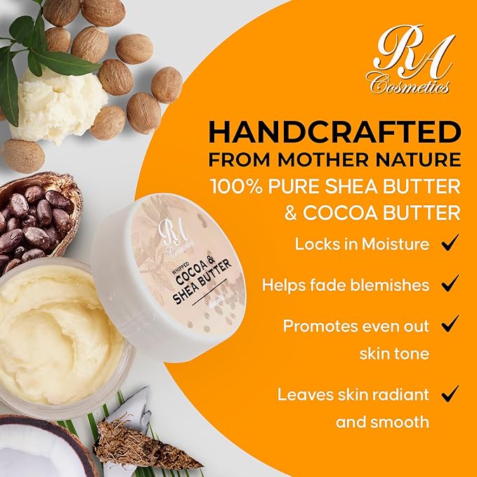 RA COSMETICS Whipped Cocoa & Shea Butter, Unscented - 12oz | 100% Pure & Natural Skin Moisturizer with Coconut Oil | Vitamin-Rich Body Butter for Soft, Supple, and Radiant Skin & Healthy Hairs