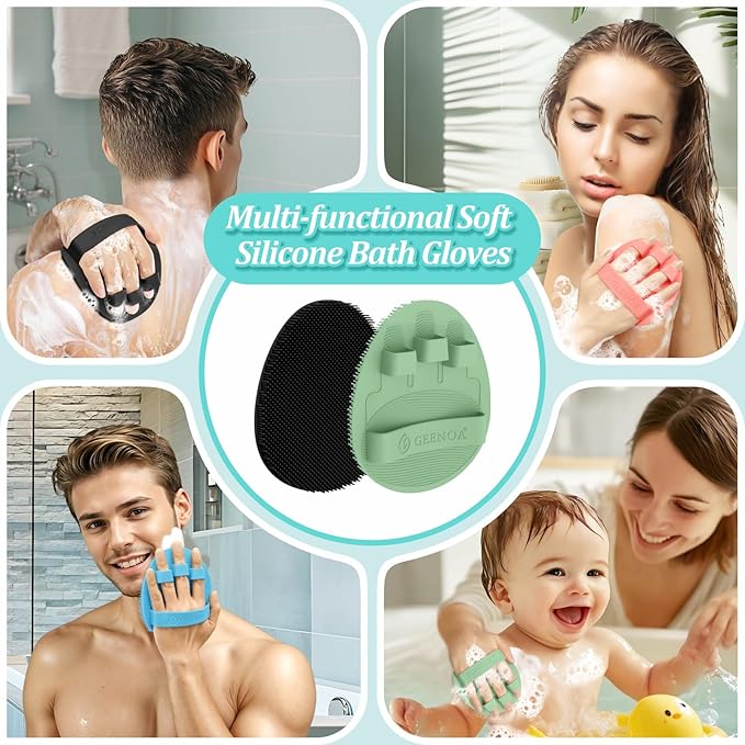 Silicone Back & Face Scrubber & Bath Glove Set 3PCS, 13.4'' Gentle Back Scrubber with Dual-Side Head, 360° Anti-Slip Bath Glove, Unique Side-bristled Face Scrubber for All-round Cleaning(Green)