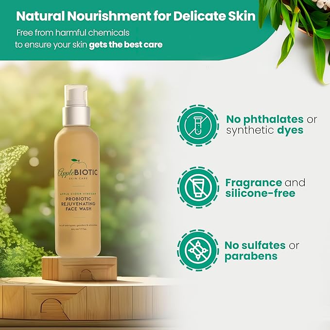 AppleBiotic Apple Cider Vinegar Face Wash - Exfoliating Face Wash, Hydrating Gel Foaming Facial Cleanser, Fragrance Free, 6oz