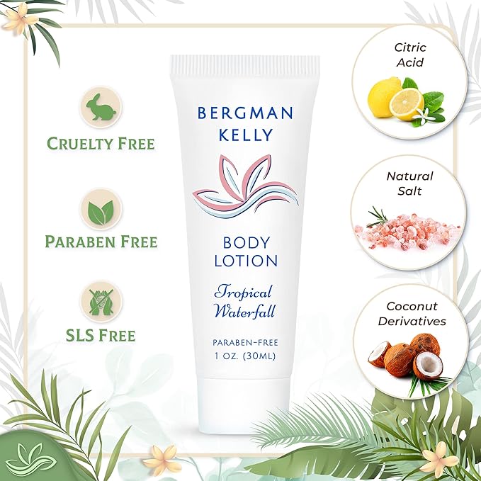 BERGMAN KELLY - Travel Size Lotion - 1 fl oz, 18000 PK, Tropical Waterfall - Delight Your Guests w/Invigorating & Refreshing Body Lotion - Quality Mini & Small Size Guest Hotel Toiletries in Bulk