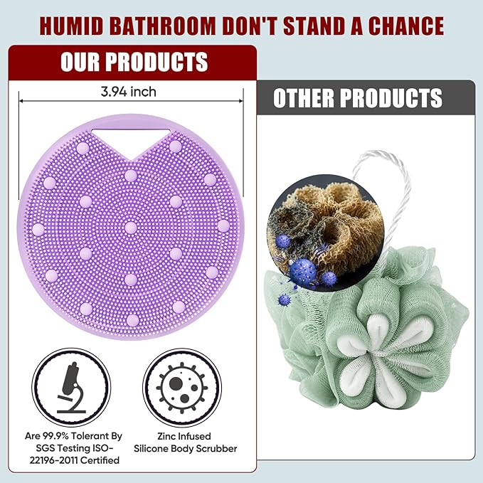 Silicone Body Scrubber - Anti Zinc Infused-Stiff and Soft Bristles,Exfoliating Body Wash Scrubber,Loofah Shower Scrubber for Body,Lymphatic Drainage,Blood Circulation and Lather Well - Purple