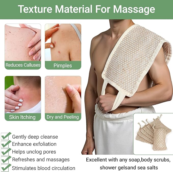 Back Scrubber for Shower with Handles | Natural Jute Body Exfoliator, Long Rectangular Bath Loofah for Deep Cleansing, Reusable Loofah for Women and Men (Exfoliating Back Scrubber)