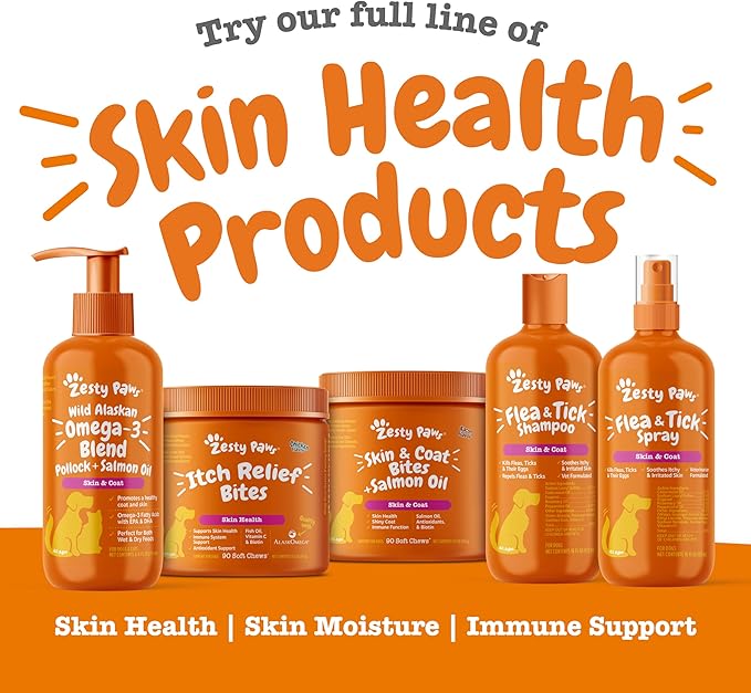 Zesty Paws Wild Alaskan Omega-3 Blend Pollock + Salmon Oil for Dogs and Cats- Skin and Coat Support, Omega 3 Supplement for Pets, 32oz