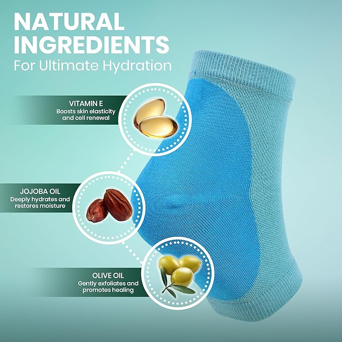 Moisturizing Heel Socks for Cracked Heels - Gel Socks for Dry Cracked Feet Repair - Silicone Socks for Women’s Foot Treatment & Overnight Hydration (Turquoise, 2-Pair)