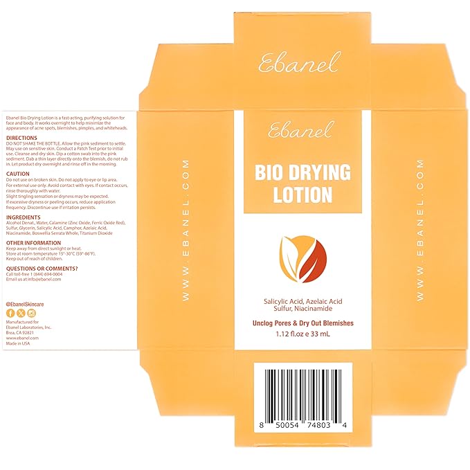 Ebanel Bio Drying Lotion Blemish Spot Solution for Face & Body with Sulfur & Salicylic Acid, Targets Pimples & Zits, Helps Clear Pores and Reduce Surface Blemishes Overnight