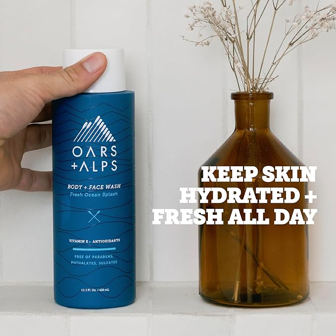 Oars + Alps Men's Moisturizing Face & Body Wash, Body Wash with Vitamin E and Antioxidants, Sulfate Free, Fresh Ocean Splash, 3pk