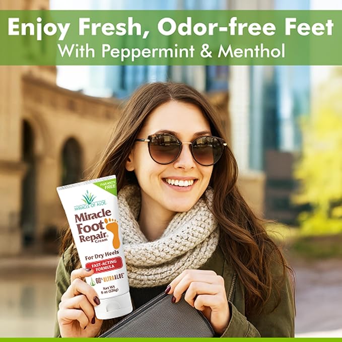 Miracle Foot Repair Cream (8 oz & 1 oz) Repairs Dry Cracked Heels and Feet, 60% Pure UltraAloe Moisturizes, Softens, and Repairs
