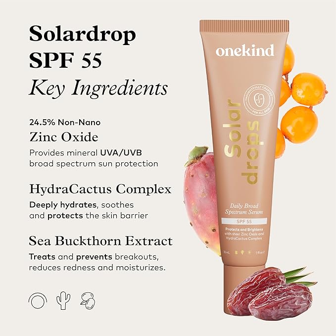Onekind Solardrops SPF 55 Daily Mineral Sunscreen Serum for Sensitive Skin, Lightweight Wrinkle Defense Non-Comedogenic Zinc Oxide Formula with UVA & UVB Protection, Water Resistant