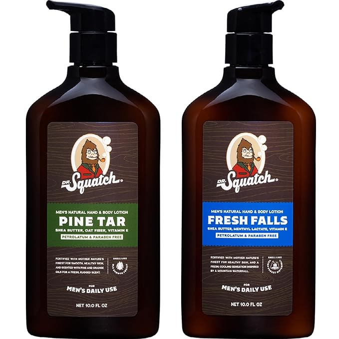 Dr. Squatch Natural Hand and Body Lotion for Men - Made with Shea Butter, Coconut Oil, Vitamin E for 24-Hr Moisturization - Pine Tar & Fresh Falls (10 fl oz, 2-Pack)