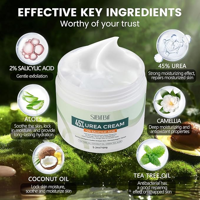 Urea Cream 45% for Feet with Maximum Strength Moisturizing, with 2% Salicylic Acid, for Dry and Cracked Heel, Foot, Elbows, Dead Skin Calluses Remover, 5.29 OZ, Foot File, Foot Mask Cover (10 pairs)