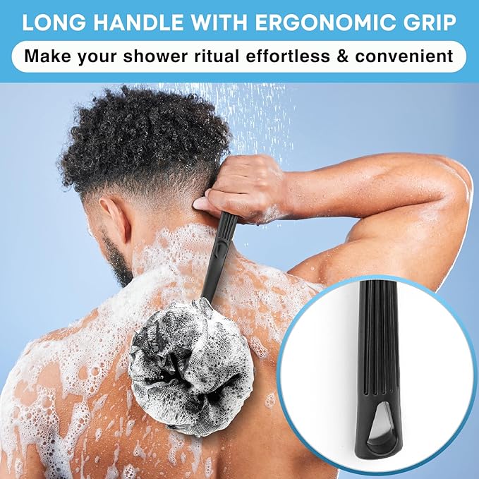 Loofah with Handle & Shower Brush Charcoal 2 Pack- Back Scrubber for Shower for Men & Women, Body Brush Ideal for Exfoliation, Back Loofah for Shower with Bath Brush, Long Handle for Shower Back Brush