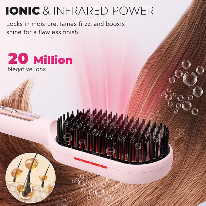 LANVIER Hair Straightener Brush, Ionic Straightening Brush with Infrared, Heated Straightening Comb with Negative Ions, Dense Bristles, 32 Temps, Dual Voltage, Flat Iron Comb for All Hair Type