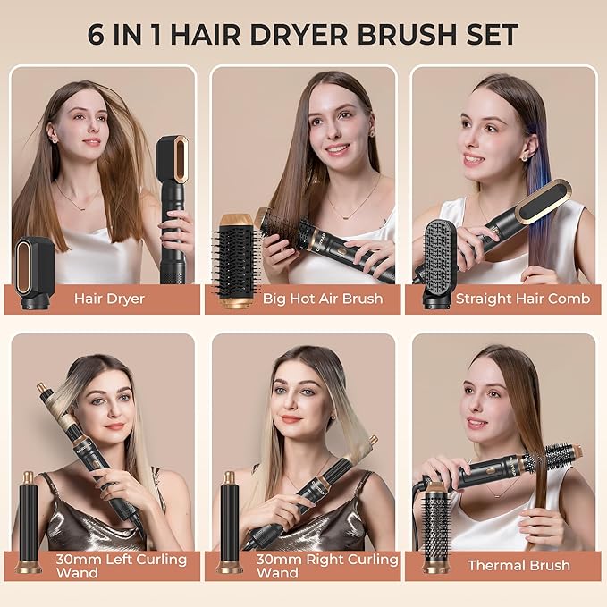 6 in ONE Blow Dryer Brush, Curling Wand Hair Styling Tools Set, Ionic Hot Air Hair Dryer, Massage Oval Hair Dryer, Left&Right Hair Curlers 100-120V