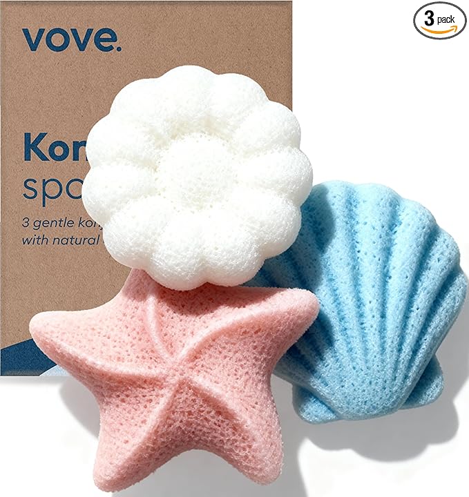 Vove Organic Konjac Baby Bath Sponges 3-Pack - Safe Natural Bath Sponges for Newborns Infants & Toddlers, Cute Ocean Shapes, Plant-Based Baby Bathing, Certified Organic