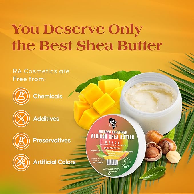 RA COSMETICS 100% African Shea Butter - Mango Scented, Anti-Aging Moisturizer, 6 Ounce