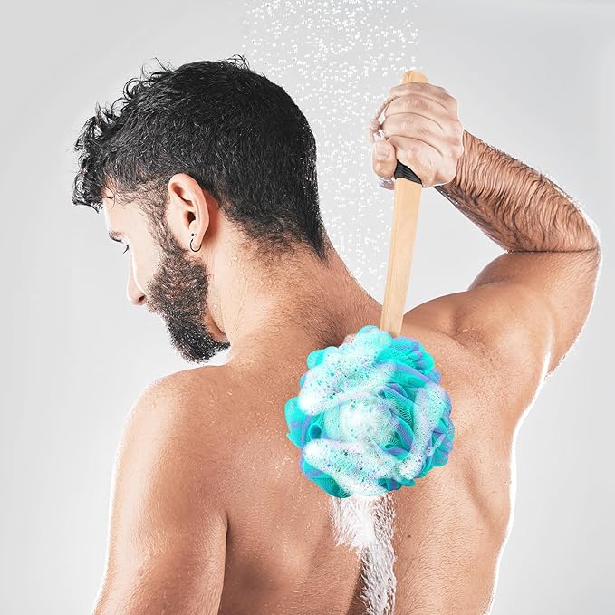 Loofah on a Stick PE Soft Mesh Luffa with Non-Slip Wooden Handle Made of Soft and Sturdy Rubber Material Back Scrubber for Shower for Women and Men with String for Easy Hanging(Green)