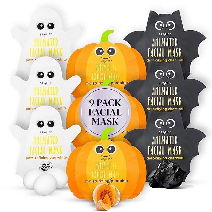 SpaLife Facial Mask Sheet Bundle - Pumpkin, Ghost, Bat - Halloween Character Mask Bundle - Face Masks for Skin Care - Moisturizing Sheet Face Masks - Skincare Pack for Women - Spa Beauty Masks
