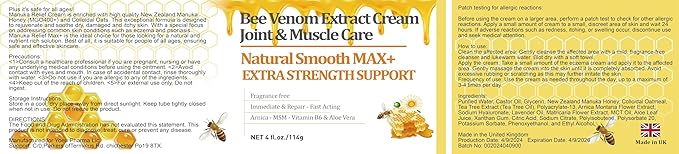 New Zealand Bee Venom Cream, High Strength Recovery Muscle Joint Cream, Natural Organic, Soothe Back, Neck, Hands, Feet, Shoulder, Leg, Knee, Ankle Pain