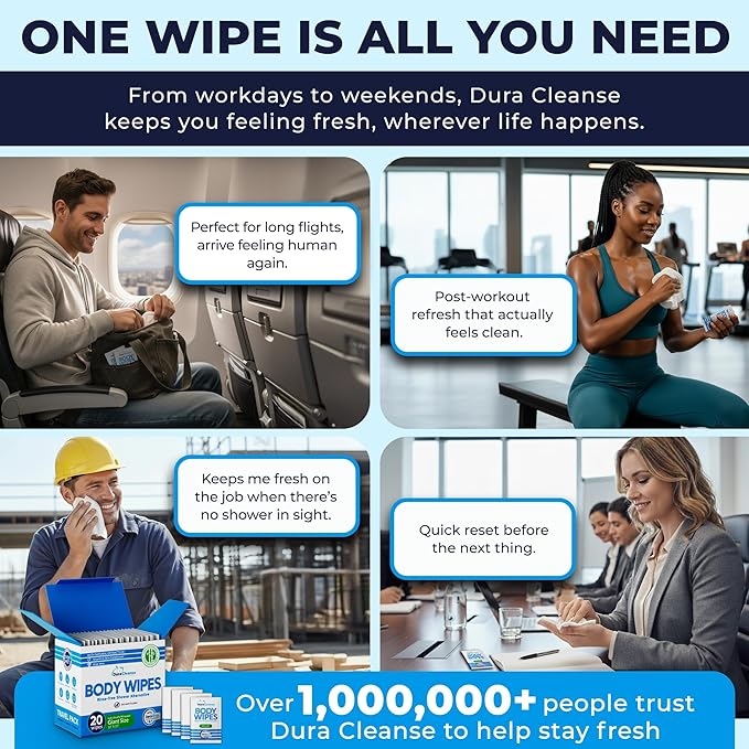 Body Wipes for Adults No Rinse – 20 Count Travel Shower Wipes, 10" x 10" Individually Wrapped Thick Cleansing Wash Scrubs, Disposable Washcloths for Camping and Elderly Care