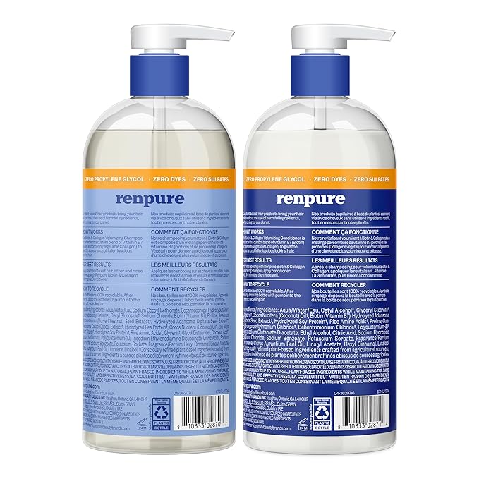 Renpure Biotin & Collagen Shampoo & Conditioner Set, Plant- Based - Nutrient Infused Formulas for Fuller, Thicker Looking Hair - For Fine Hair - Vitamin B7 (Biotin) & Collagen - 24 Fl Oz each, 2 Pack