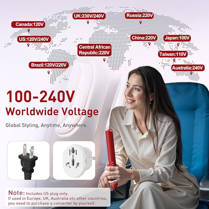 Quico Hair Straightener, 110-240V Global Travel Hair Straighteners for Women, 15s Fast Heating, Professional Negative Ion Flat Iron, Temp Memory, 320℉-450℉, Auto-Off, with Glove and Clips, Gift, Red