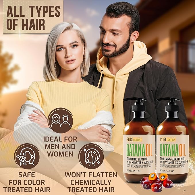 Batana Oil Shampoo and Conditioner Set - Thickening, Sulfate Free Formula for Women and Men - Volumizing, Moisturizing, Professional Salon Care Products for Fine, Thinning Hair - 16 Fl Oz (Pack of 2)