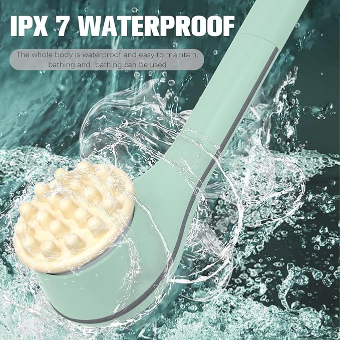 Electric Body Brush, Electric Body Scrubber, Long Handle Body wash applicator, Silicone Back Brush, 6 Shower Brush Heads ，for Cleaning, Massage and Exfoliation (Light Green)