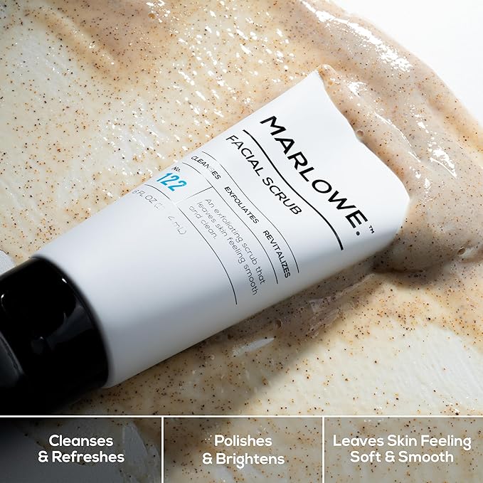 MARLOWE. No. 122 Facial Scrub 6 oz, Gentle Face Exfoliator with Apricot Seed Powder & Pumice, Cleanses & Smooths, Fresh Pine & Agarwood Scent