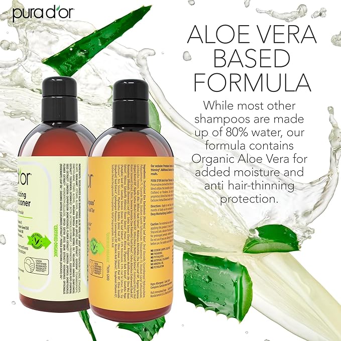 PURA D'OR MD Anti-Thinning Biotin Shampoo & Conditioner Set (16oz x2) Maximum Defense Coal-Tar Strong Scented Hebal Blend Hair Thickening Products For Women & Men, Daily Shampoo For Scalp Health