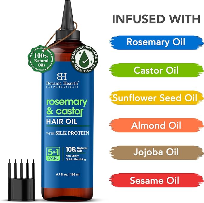 Botanic Hearth Rosemary & Castor Hair Oil (6.7 Fl Oz) |Nourishing and Strengthening Hair Treatment for Thicker, Healthier|Looking Hair | Paraben Free | Suitable for All Hair Types